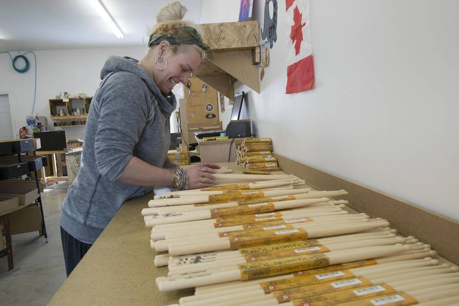 Steph Guay, director of operations at Los Cabos Drumsticks, packages some of the company's sticks. (David Smith for The Globe and Mail)